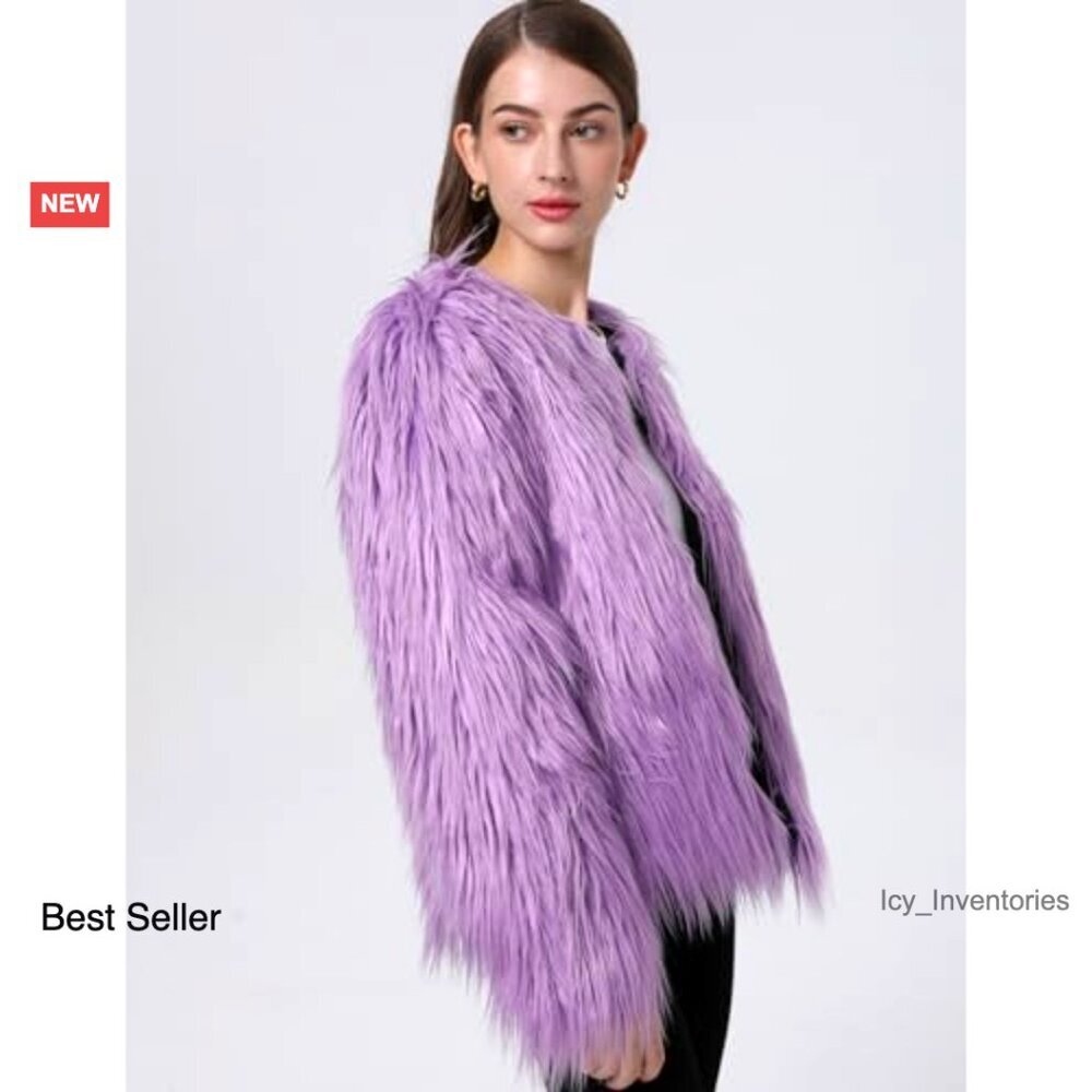 Faux Fur Coat Open Front Furry Parka Shaggy Jacket Loose Fit Cozy Chic - Picture 4 of 7